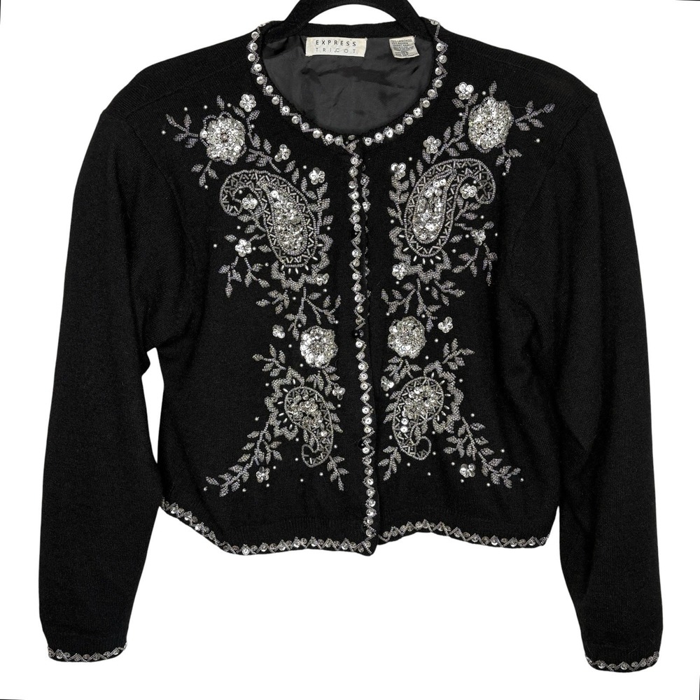 VTG Y2k Express Tricot Beaded Angora Wool Cardigan M Regency Holiday Sequin 90s